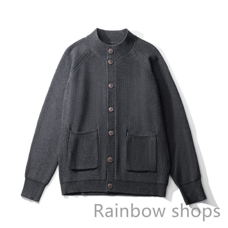 秋冬メンズファション ラグランスリーブ 無地 暖かいウールニットセーター ニットカーディガン 上着 S~XXLダークグレー