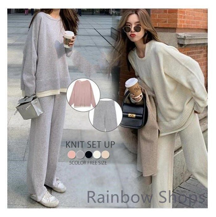 ニット セットアップ パンツ レディース 秋冬 ニットセットアップ 長袖 冬 セーター プルオーバー ワイドパンツ ニットパンツ 2点セット 上下セット 通勤 カジュアル シンプル ゆったり