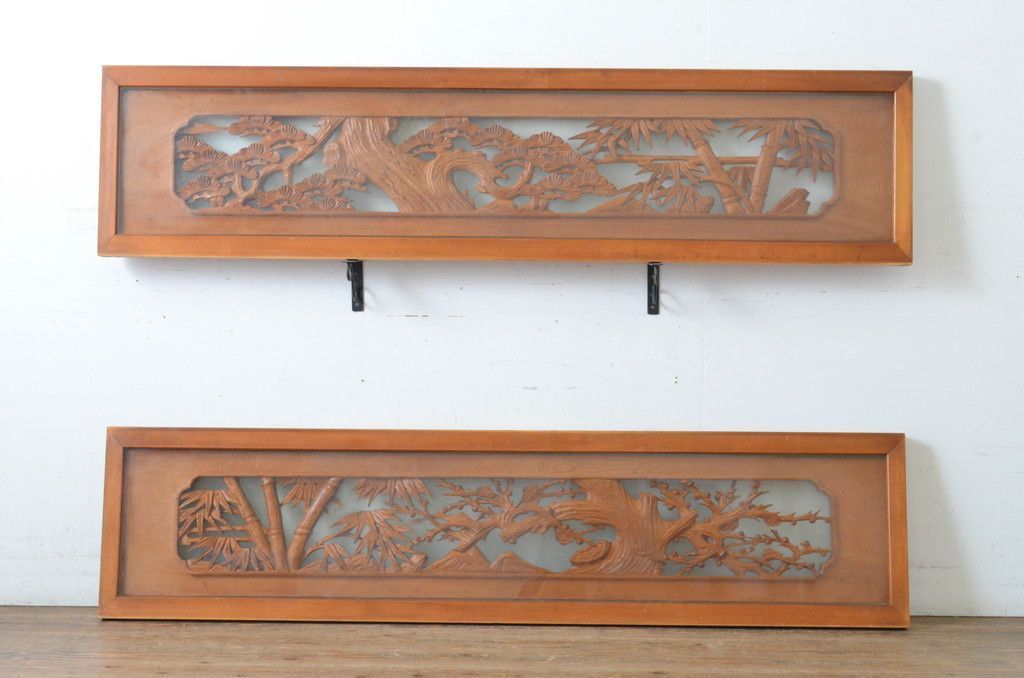 現状販売 彫刻欄間 セット アンティーク建具 両面ガラス 松竹梅 明かり取り 明り取り 建具 4～7営業日前後で発送 修理加工希望の方3ヶ月程で発送 R-065052