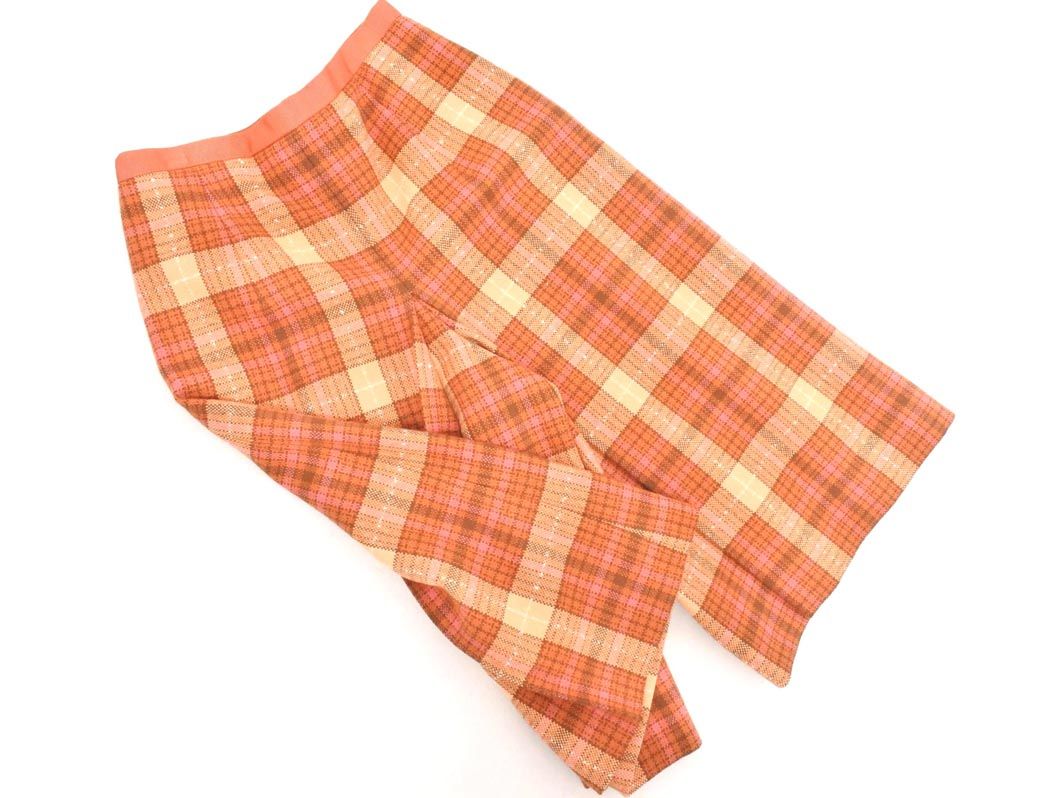 ドゥロワー　Drawer チェック柄　オレンジ　パンツ ウール　日本製　40 Drawer ドゥロワー ウール100% チェック ワイド パンツ size36/茶x