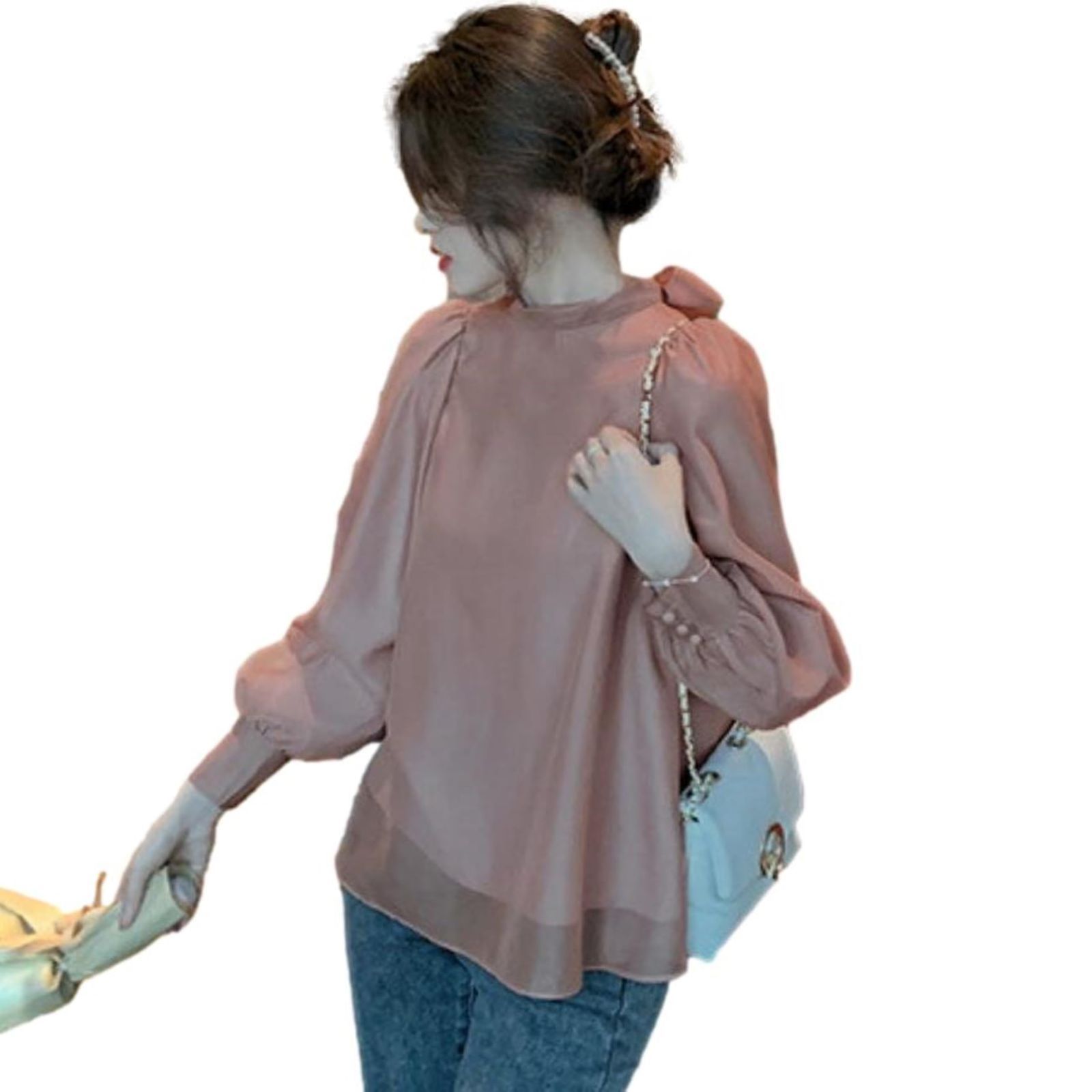 カフス くるみ釦 立ち襟 長袖 パフスリーブ BB025 フレア シフォン バックリボン レディース ブラウス [ブルーベリル] beryl] [blue