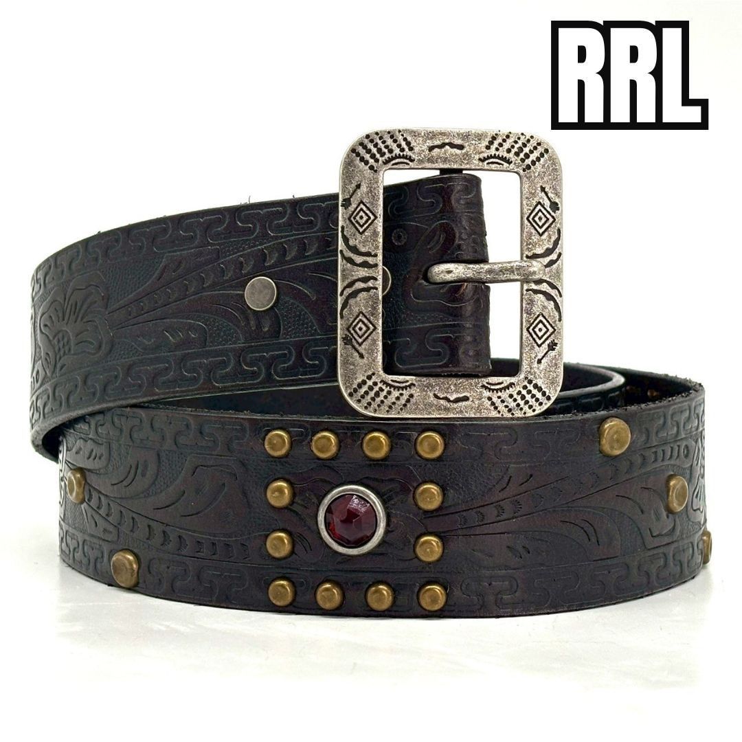 無骨に光る存在感 RRL ダブルアールエル ベルト スタッズ カービング レザー ヴィンテージ Y 2 K US 32 メンズ ブラウン 90 cm