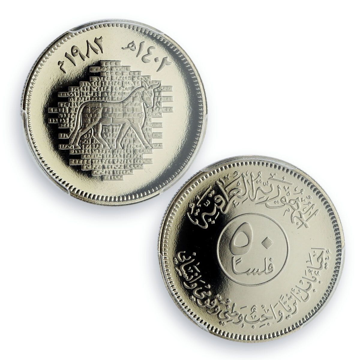イラク 50フィルス 闊歩する雄牛のフレスコ画 レリーフ 壁画 KM-162 PR 69 PCGS CuNi コイン 1982年