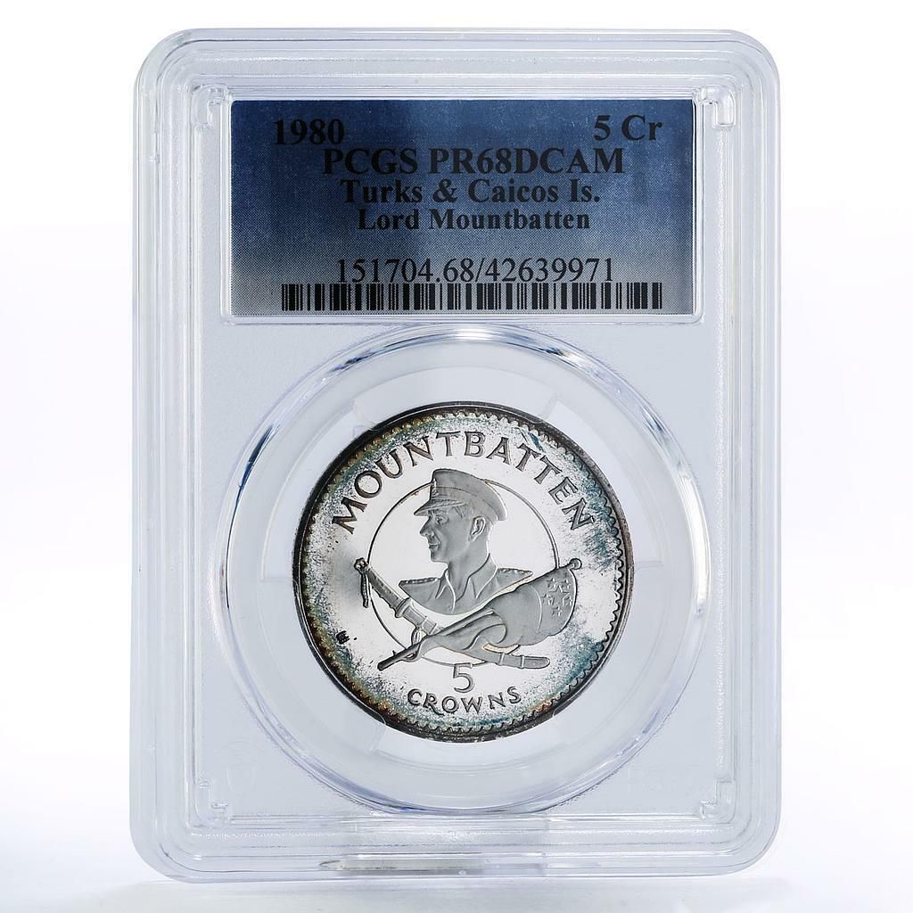 タークス・カイコス諸島 5クラウン マウントバッテン卿 PR68 PCGS 銀貨