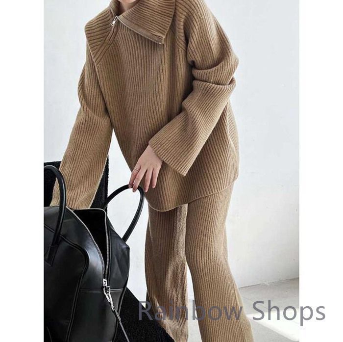 ニットセットアップ パンツ ニットパンツ レディース セットアップ ニット 秋冬 長袖 冬 リブニット タートルネック セーター 2点セット 上下セット 厚手 リブ ワイドパンツ