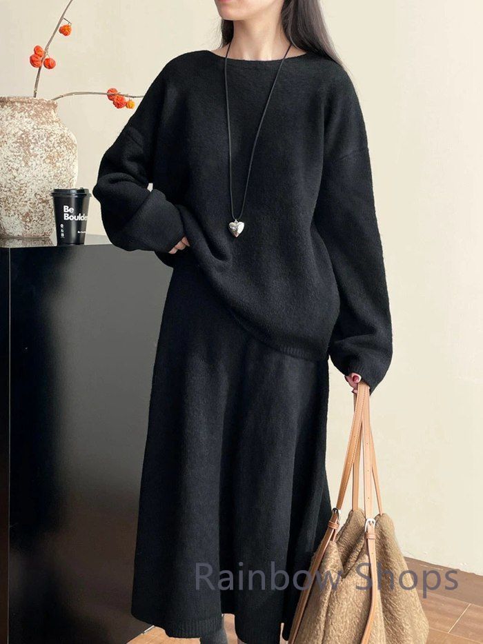 ニット セットアップ レディース 秋冬 春 ニットセーター プルオーバー クルーネック セーター 長袖 ニットスカート ロング丈 マキシ丈スカート ゆったり シンプル