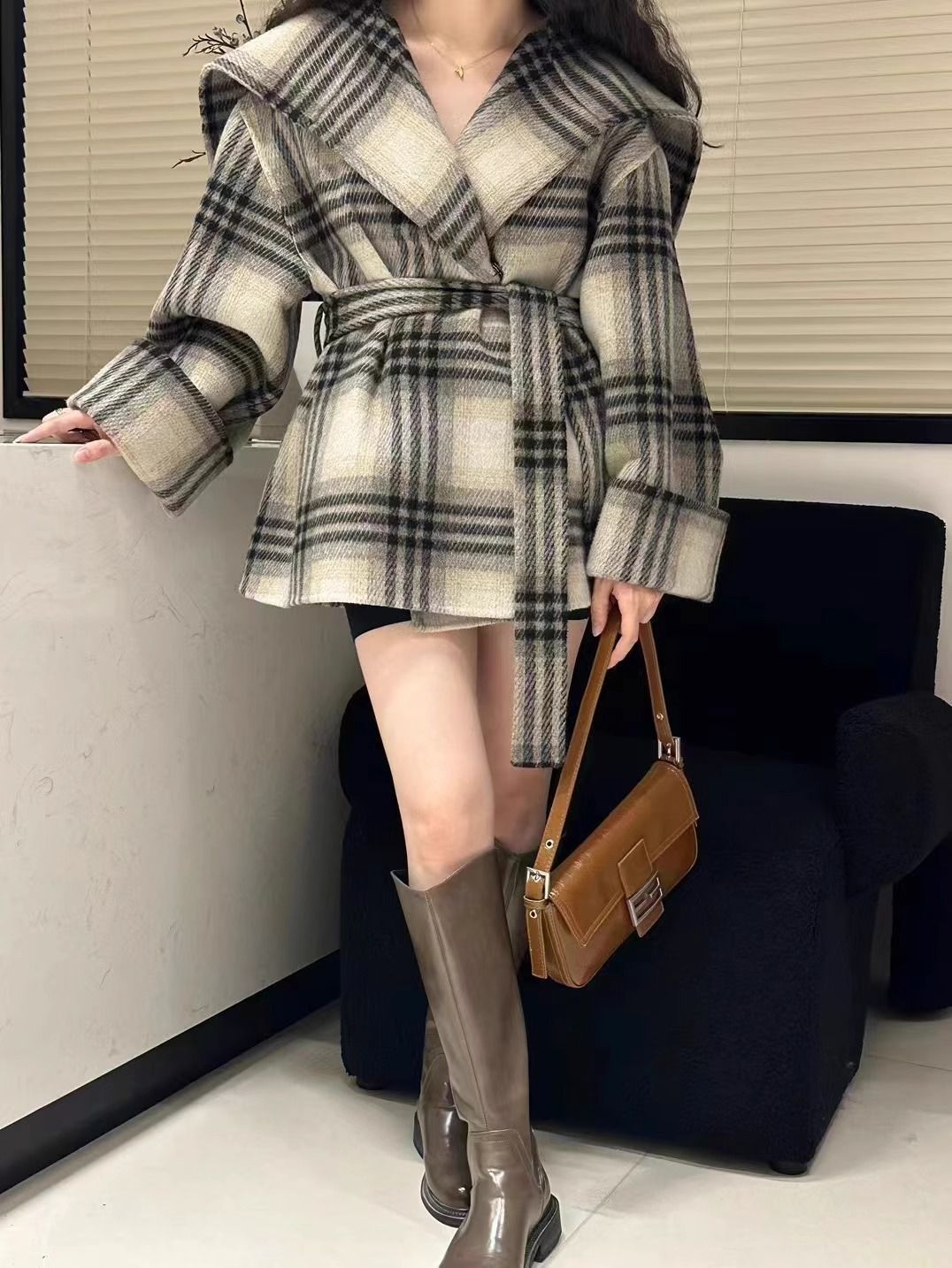 チェスターコート レディース ウールコート ジャケット ウール 長袖 チェック柄 ベルト付き ショート丈 カジュアル シンプル 体型カバー 春 秋 冬 ゆったり 通勤 通学 結婚式 上品 ビジネス nuanta 06