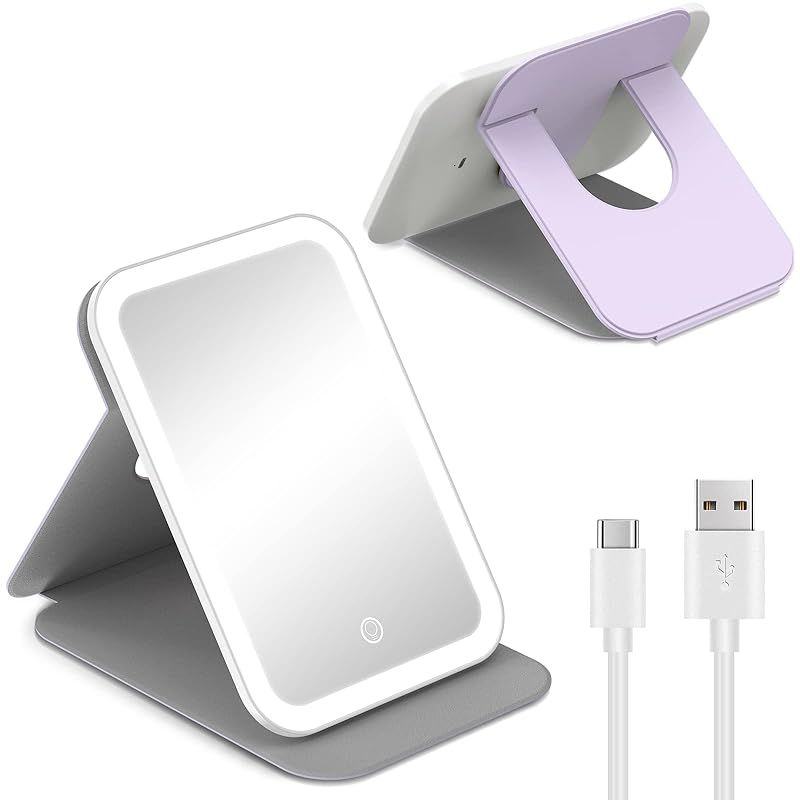 Gospire 60 Led ライト付きLED折りたたみ式化粧鏡 女優ミラー 再充電コンパクト ミラー 3 色ライト u0026 調節可能な明るさ (パープル)