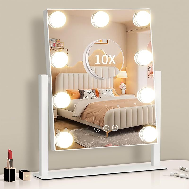 Nusvan 女優ミラー ハリウッド 卓上 三色照明モード 明るさ調節 10倍拡大鏡付き 25 x 30 cm