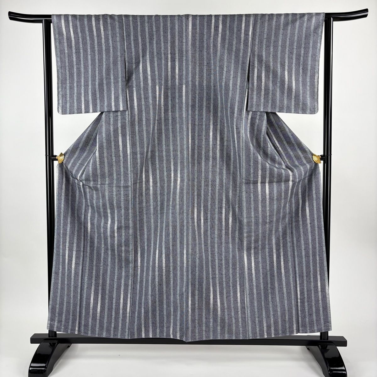 美品】 紬 身丈159cm 裄丈62cm S 袷 牛首紬地 落款 証紙 縦縞 幾何学