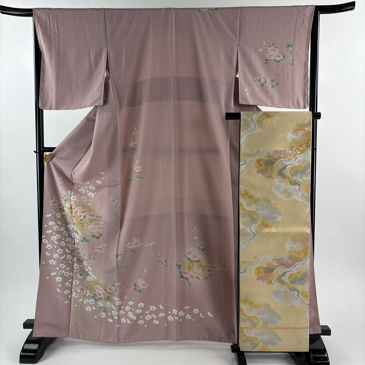 美品】 訪問着 身丈166cm 裄丈65.5cm M 袷 袋帯セット 草花 金彩