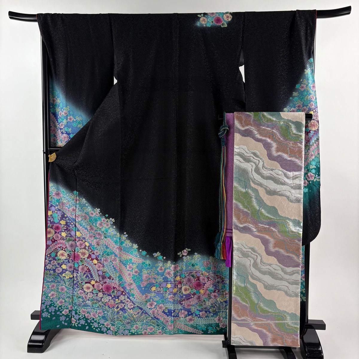 振袖 身丈167cm 裄丈69cm L 袷 桂由美 袋帯フルセット 落款 草花 霞 銀