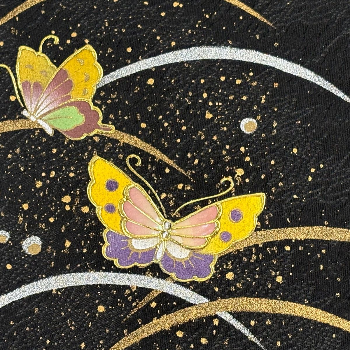 半幅帯 秀品 蝶 露芝 金銀彩 螺鈿 黒 正絹