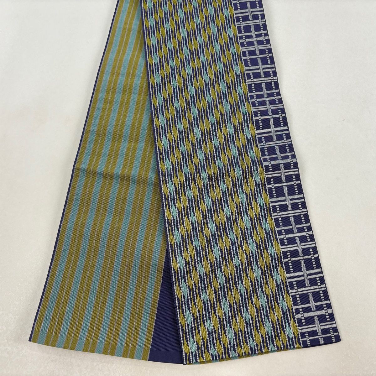 半幅帯 秀品 証紙有 博多織 縞 幾何学 灰紫 正絹