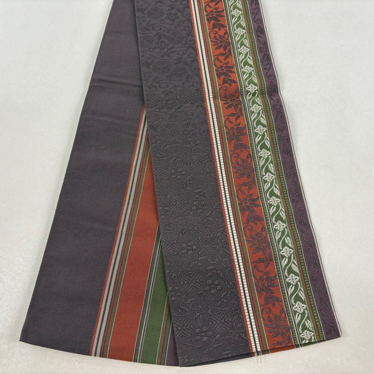 半幅帯 秀品 博多織 証紙有 縞 草花 灰紫 正絹