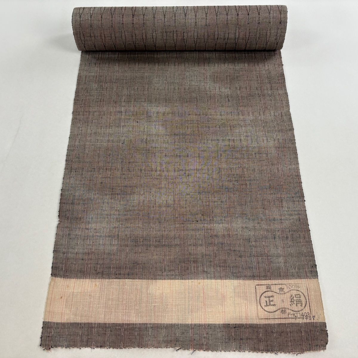 反物 秀品 紬 縞 幾何学模様 灰茶 正絹