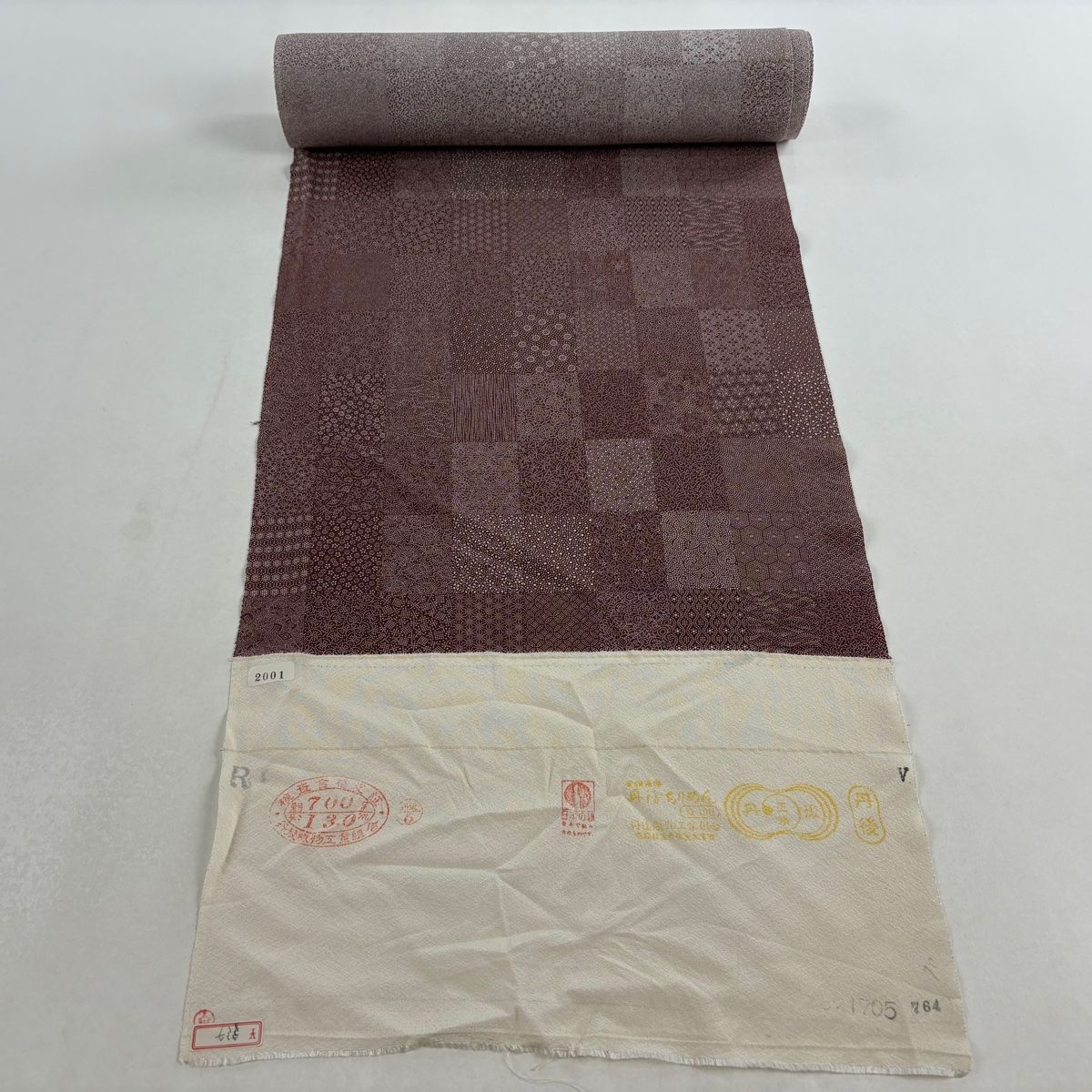 反物 秀品 江戸小紋 寄せ柄 菊 小豆色 正絹