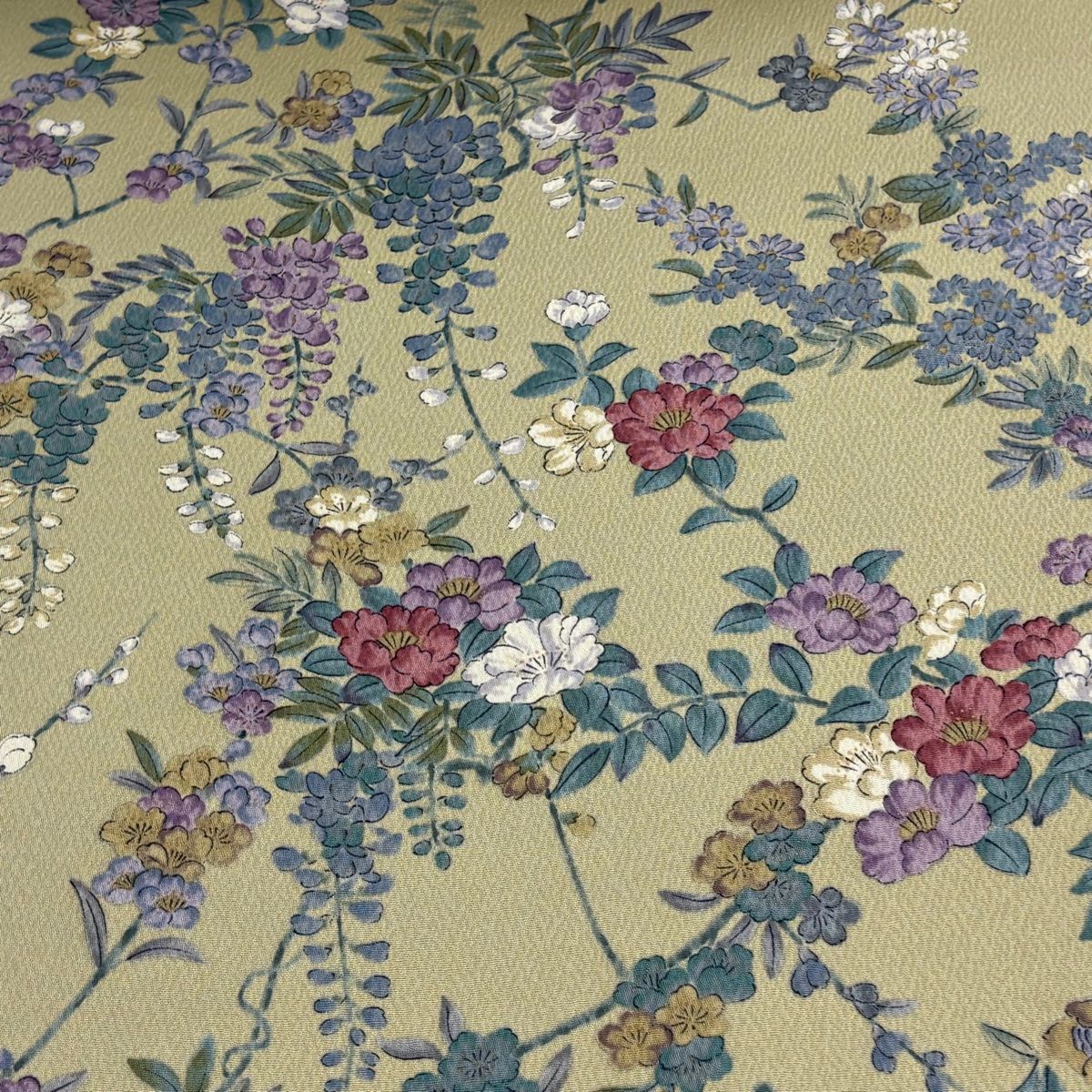 反物 秀品 小紋 百華 京友禅 枝花 藤 金彩 抹茶色 正絹