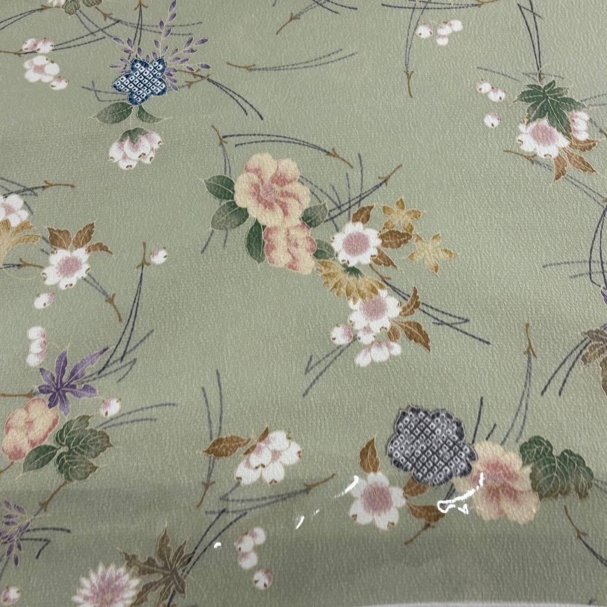反物 秀品 小紋 吹き寄せ 桜 薄緑 正絹