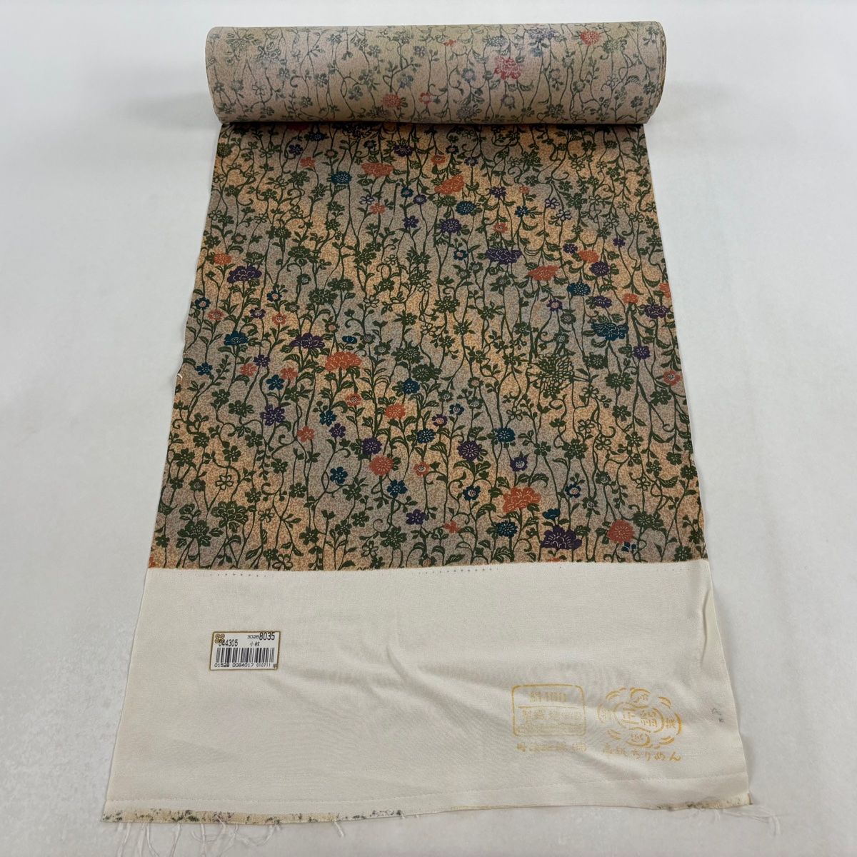 反物 秀品 小紋 花唐草 幾何学模様 斜めぼかし 薄茶色 正絹 【中古