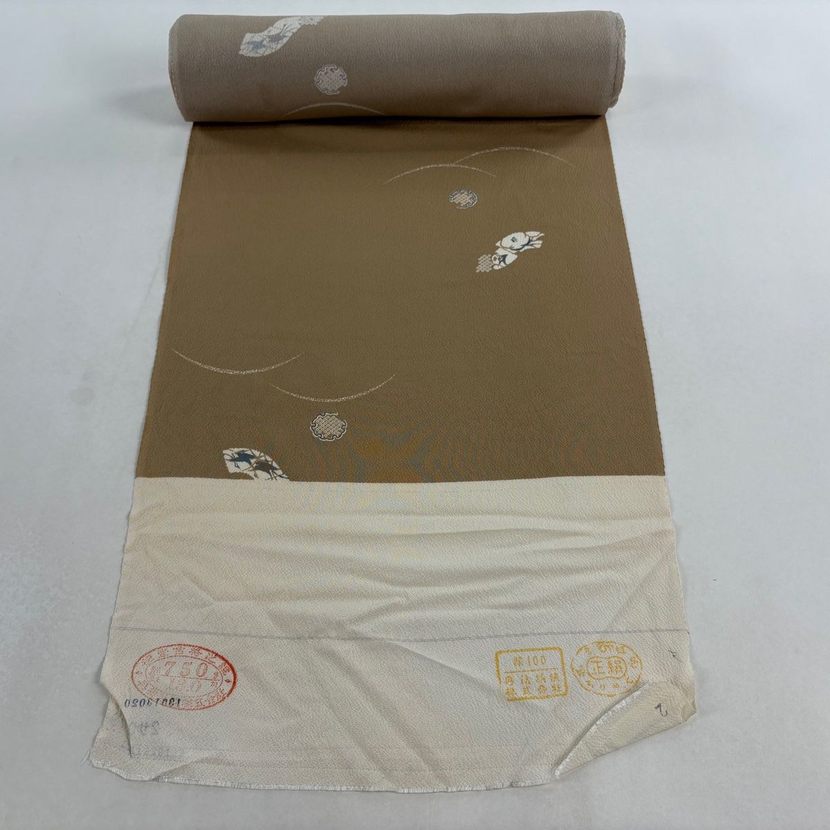 反物 秀品 小紋 扇面 雪輪 薄茶色 正絹