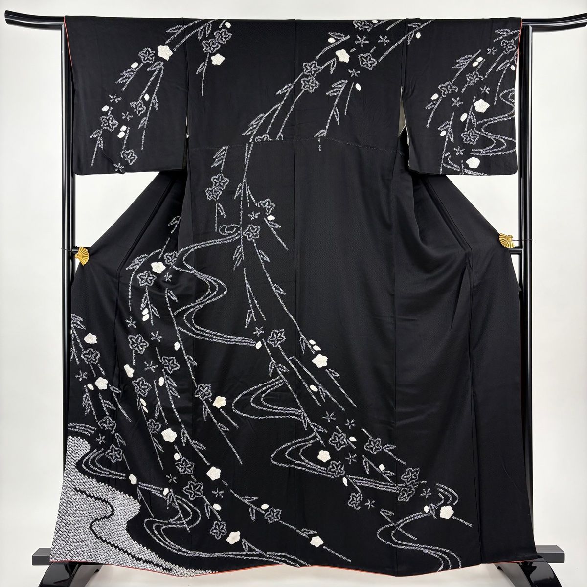 訪問着 身丈160.5cm 裄丈64cm M 袷 桜 流水 総絞り 黒 正絹 秀品