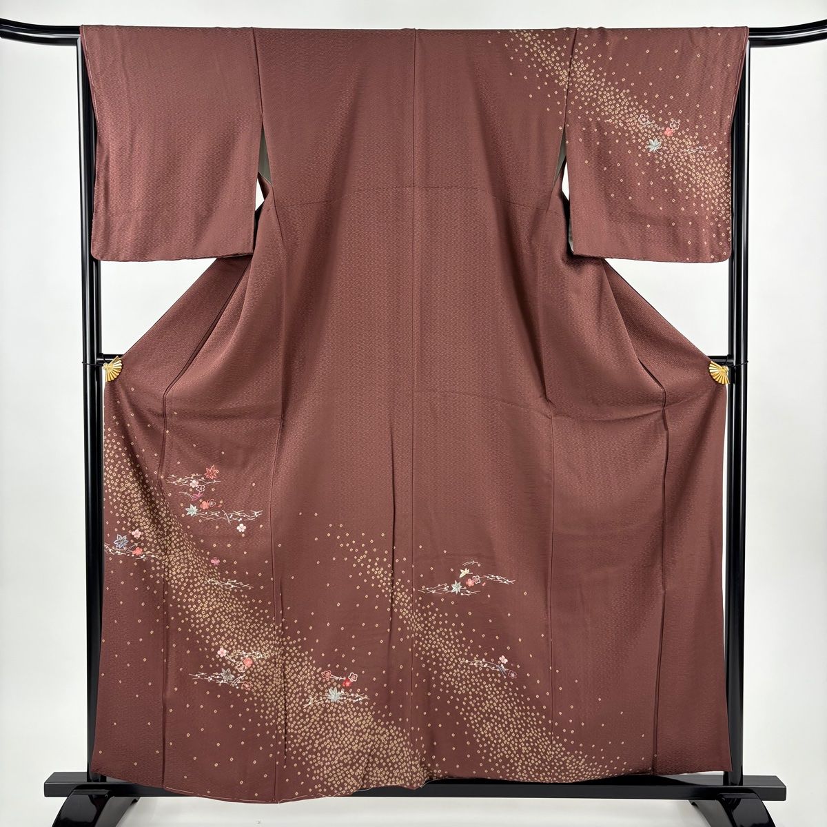 訪問着 身丈160.5cm 裄丈66cm M 袷 吹き寄せ 地紋 刺繍 小豆色 正絹