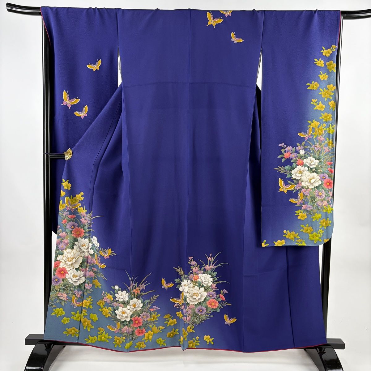 振袖 身丈159cm 裄丈67cm M 袷 蝶 草花 金彩 箔 濃紫 正絹 秀品 【中古