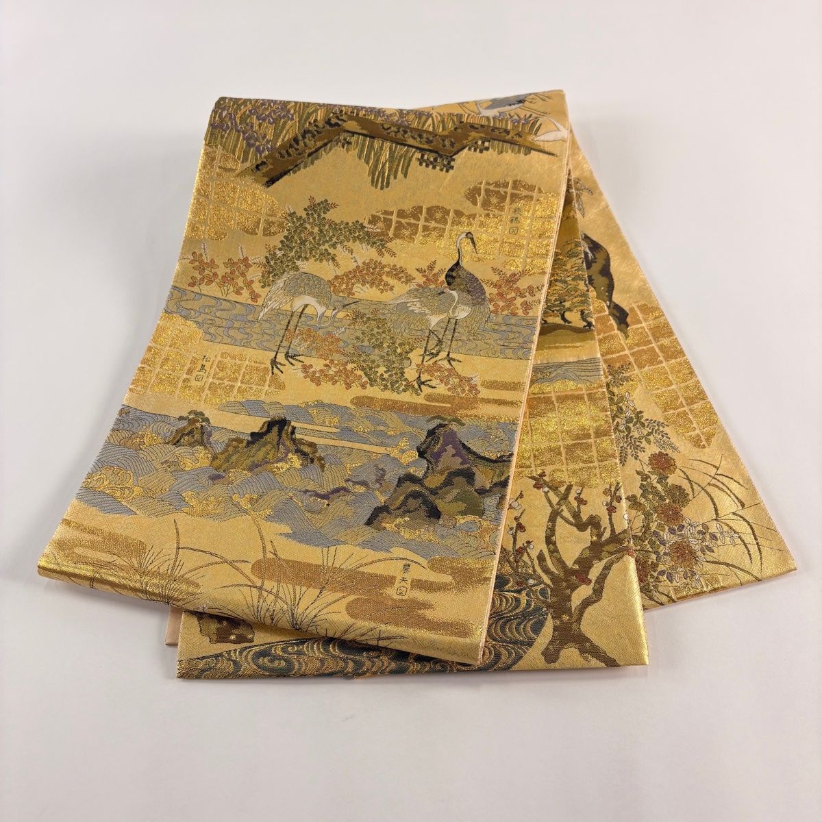 美品】 袋帯 秀品 鶴 草花 金糸 箔 薄黄 お太鼓柄 正絹 【中古