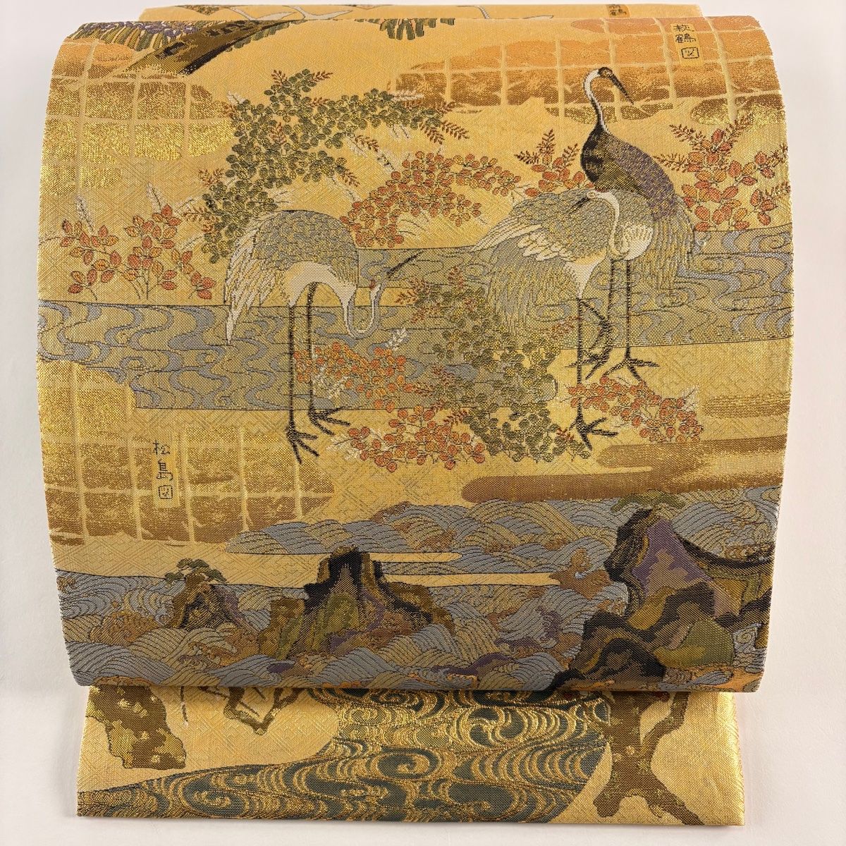 美品】 袋帯 秀品 鶴 草花 金糸 箔 薄黄 お太鼓柄 正絹 【中古