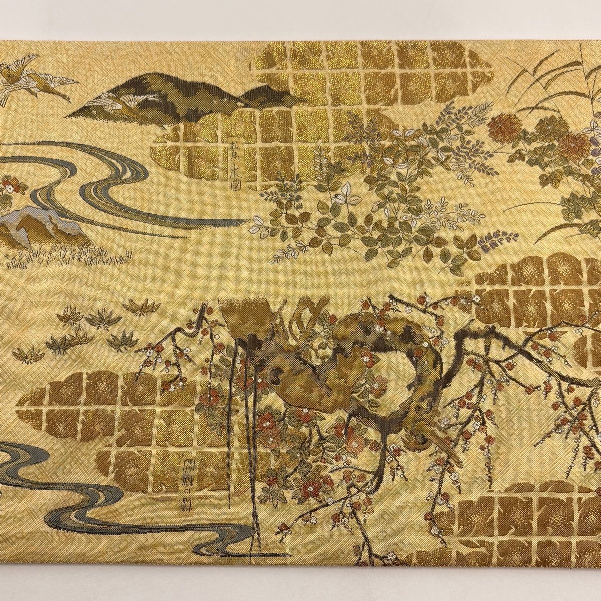 袋帯 二種のお太鼓柄 二方向 双図 紬 鶴の恩返し 葡萄 新古品 kp2221 袋帯 二種のお太鼓柄 二方向 双図 紬 鶴の恩返し 葡萄 新古