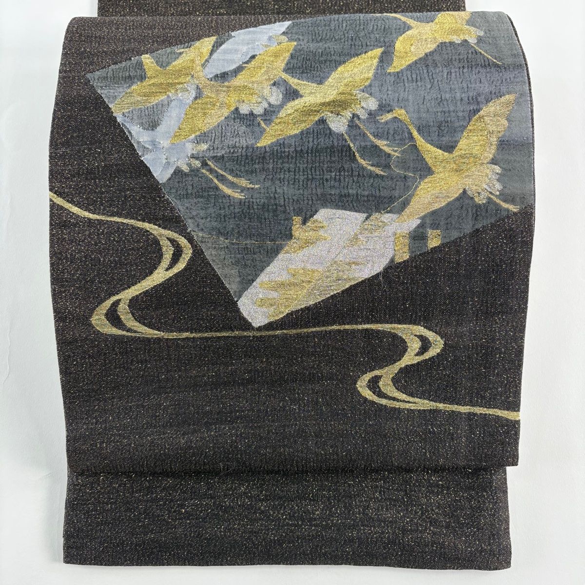 美品】 袋帯 秀品 夏帯 鶴 流水 金銀糸 箔 墨色 お太鼓柄 正絹 【中古