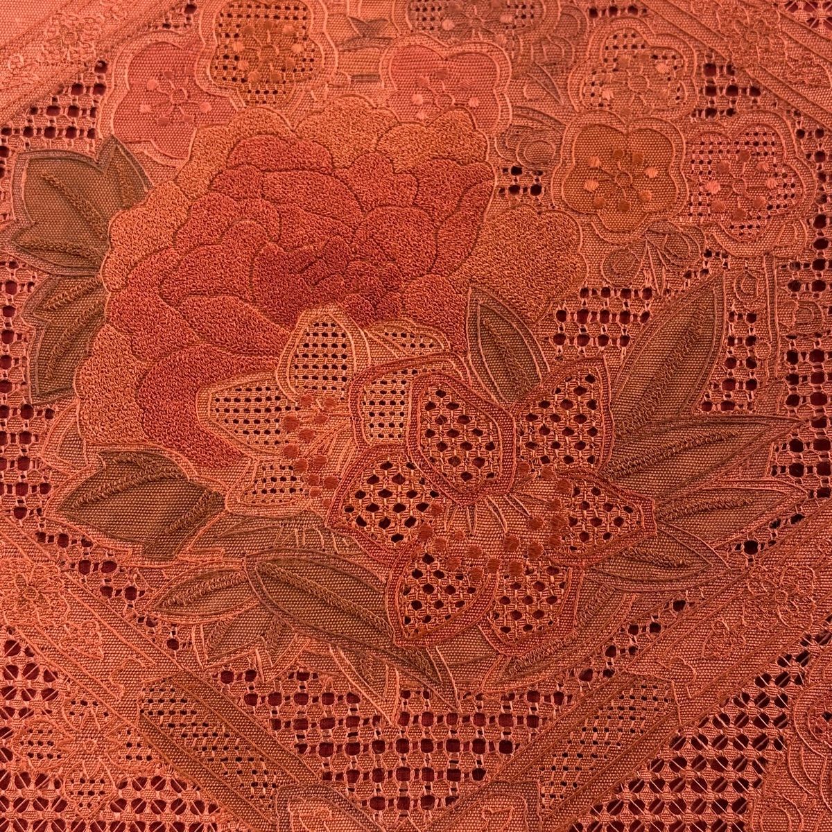 袋帯　紬地　汕頭柄　正絹　未使用 美品】 袋帯 秀品 紬地 花丸文 ヱ霞 相良刺繍 汕頭刺繍 朱色 お太鼓柄