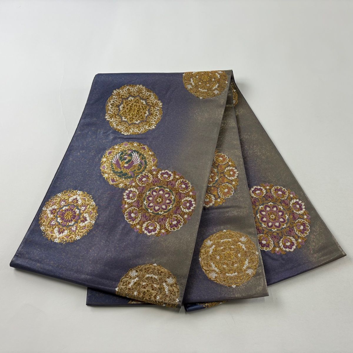 袋帯 名品 じゅらく 落款 じゅらく帝王紫 華文 鳳凰 金糸 青紫 六通