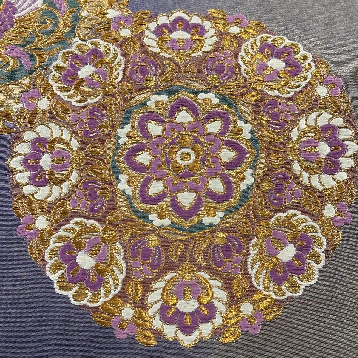 袋帯 名品 じゅらく 落款 じゅらく帝王紫 華文 鳳凰 金糸 青紫 六通