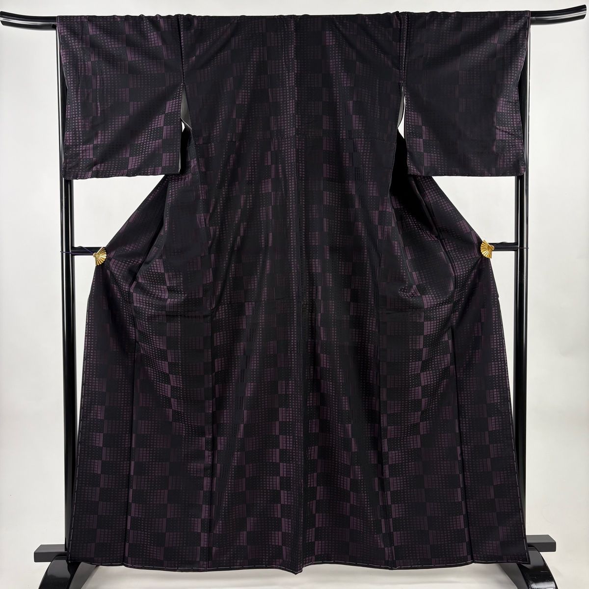 お召 身丈163 cm 裄丈66.5 M 袷 変わり市松 濃紫 正絹