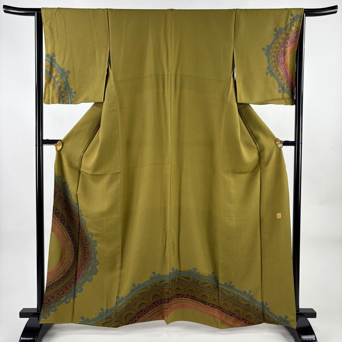 訪問着 身丈162.5cm 裄丈64.5cm M 袷 滝泰 落款 唐草 幾何学模様 金彩 絞り 茶緑色 正絹 名品 【】