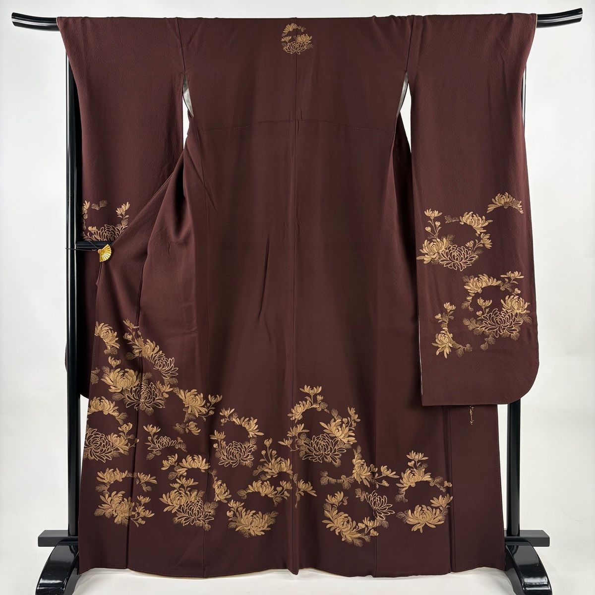 振袖☆成人式【正絹】☆身丈167 ☆黄土色系　★中古 振袖 身丈167cm 裄丈69.5cm L 袷 こむさでもーど 乱菊 縮緬 金彩 茶紫