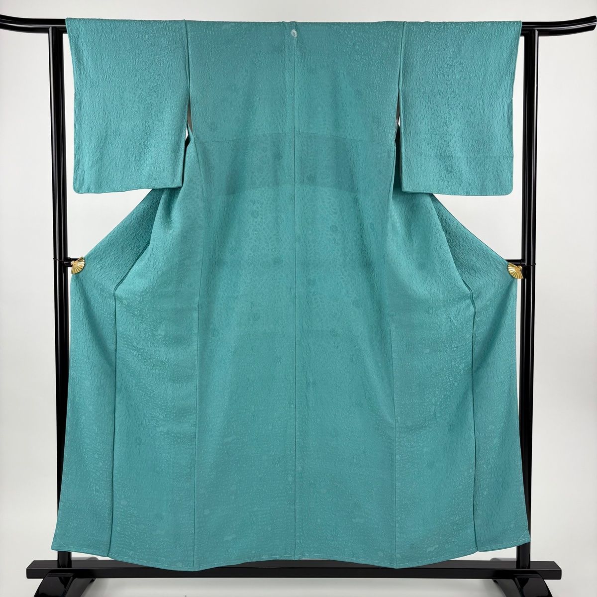 色無地 身丈154.5cm 裄丈61.5cm S 袷 地紋 青緑 正絹 優品 一つ紋