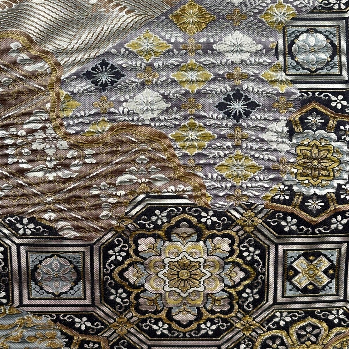 美品】 袋帯 秀品 蜀江華文 波 箔 金銀糸 灰緑 六通 正絹 【中古