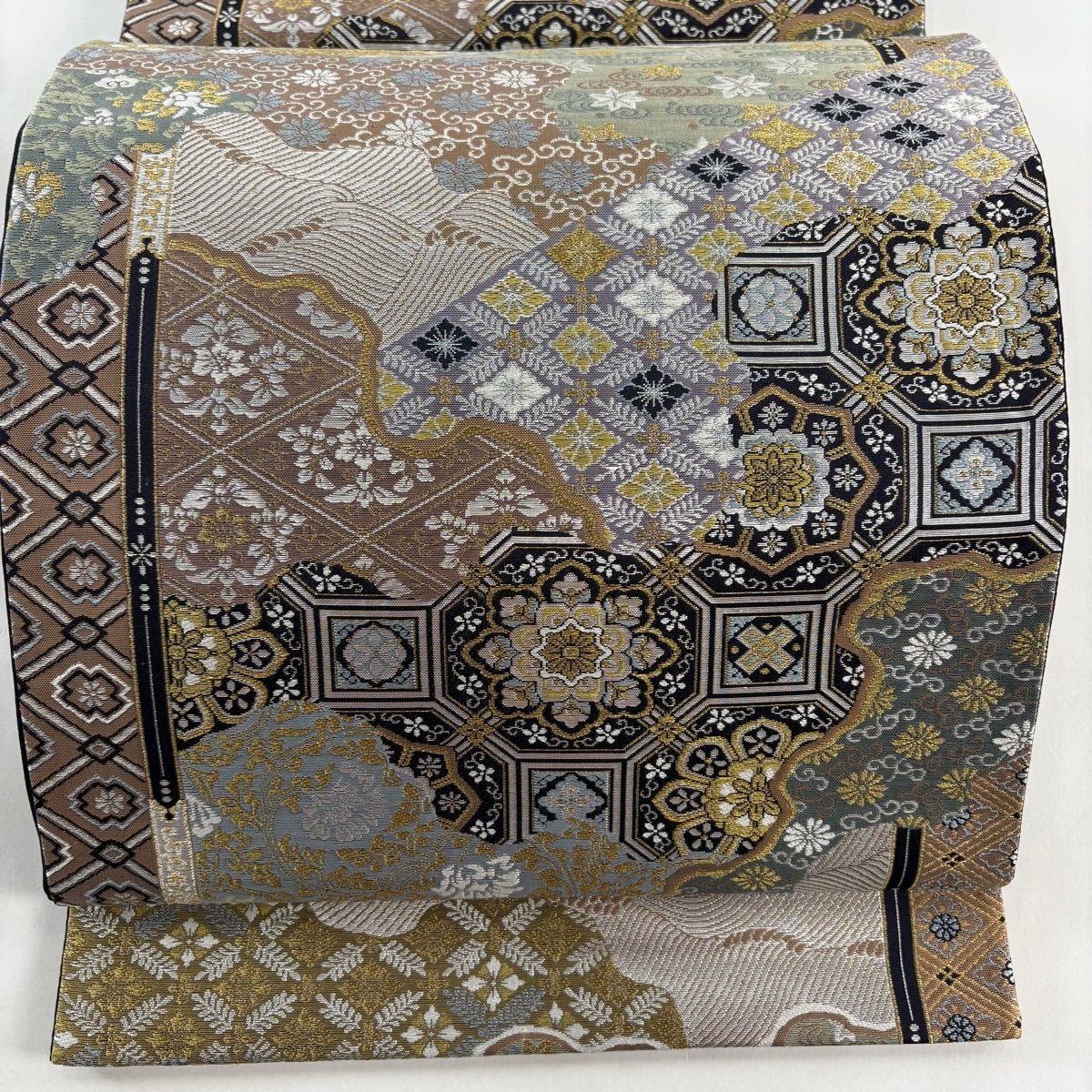 美品】 袋帯 秀品 蜀江華文 波 箔 金銀糸 灰緑 六通 正絹 【中古