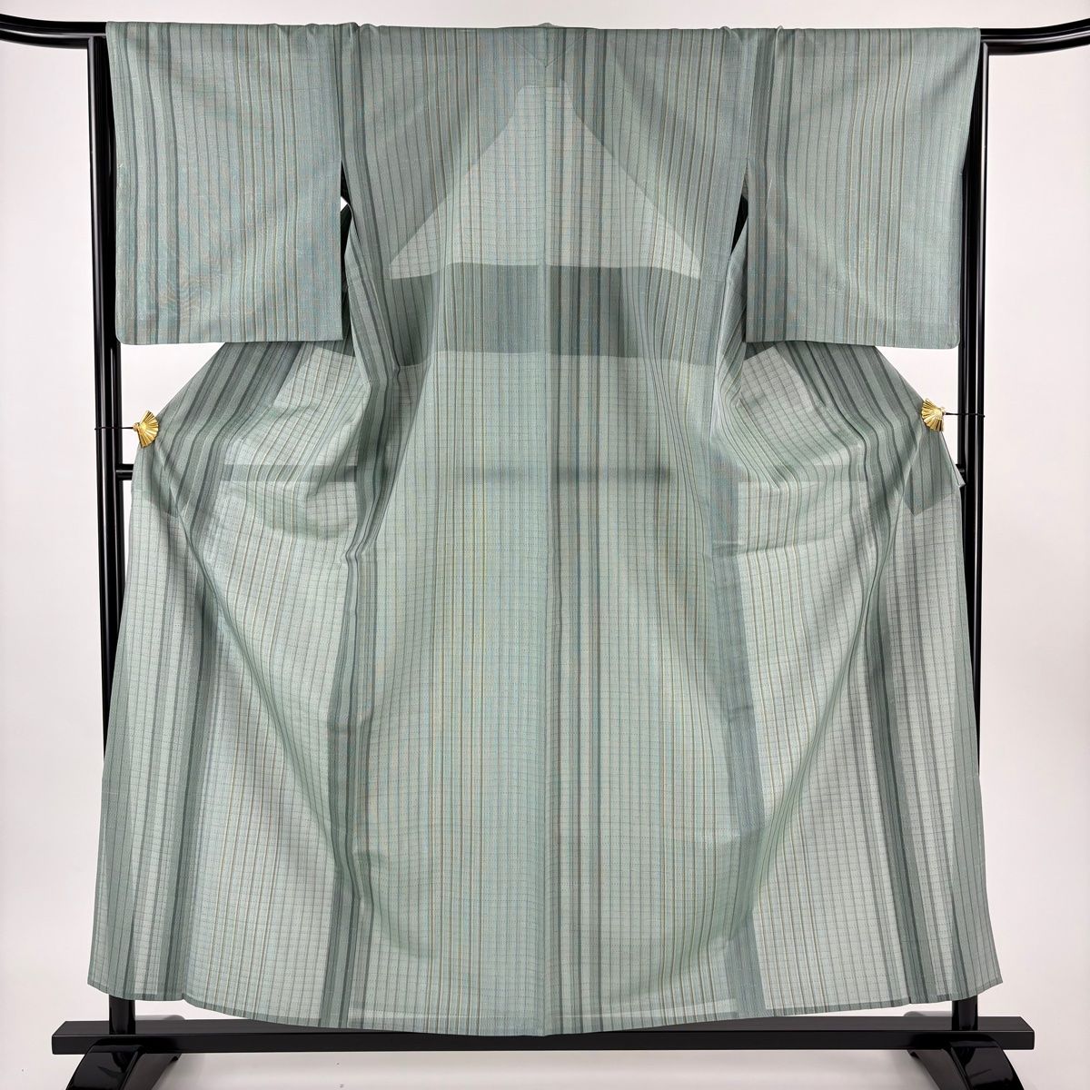 美品】 大島紬 身丈158cm 裄丈65cm M 薄物 夏大島紬 証紙 縞 緑 正絹