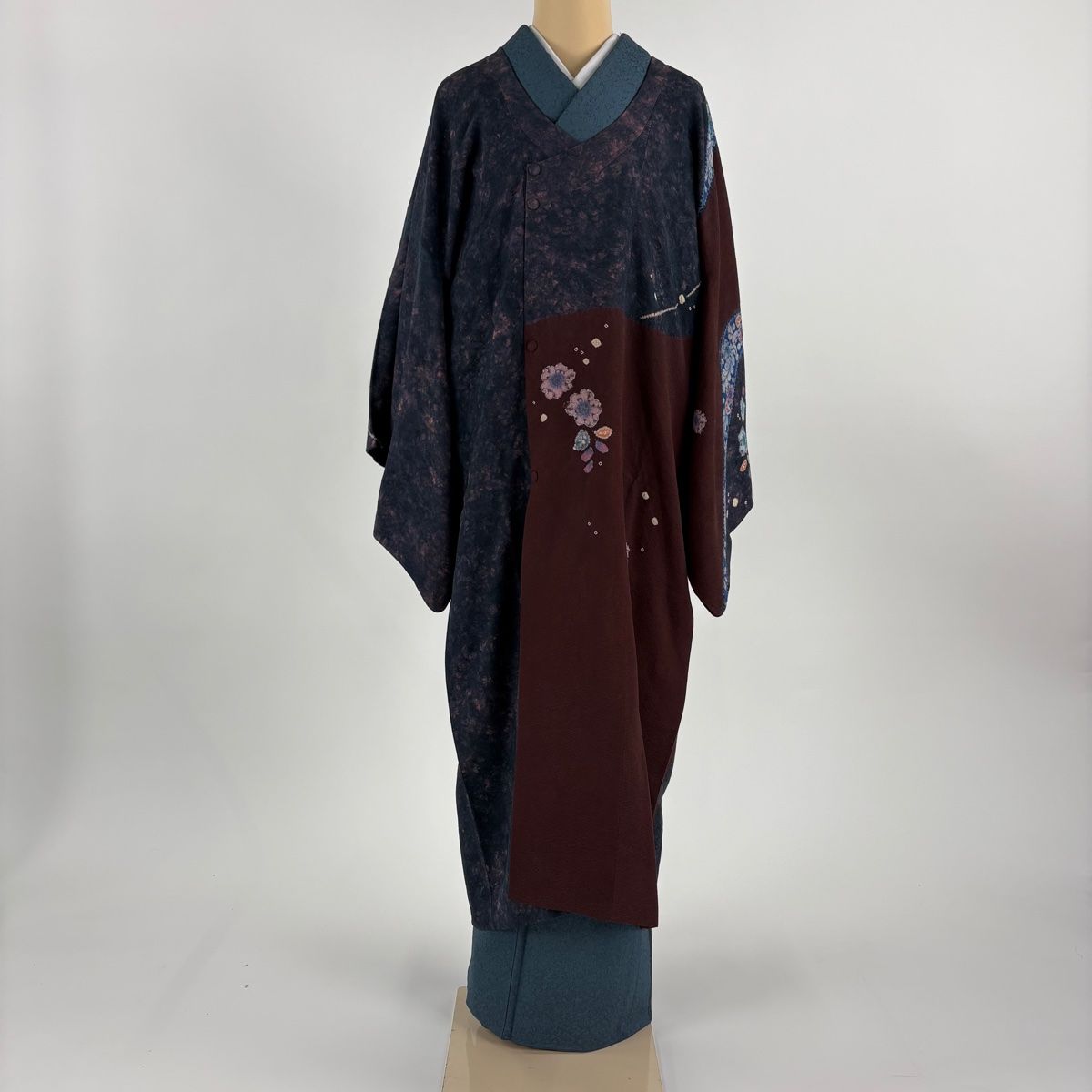 道行 身丈123.5 cm 裄丈67.5 L 和装コート 千代田衿 辻が花柄 絞り えんじ色 正絹