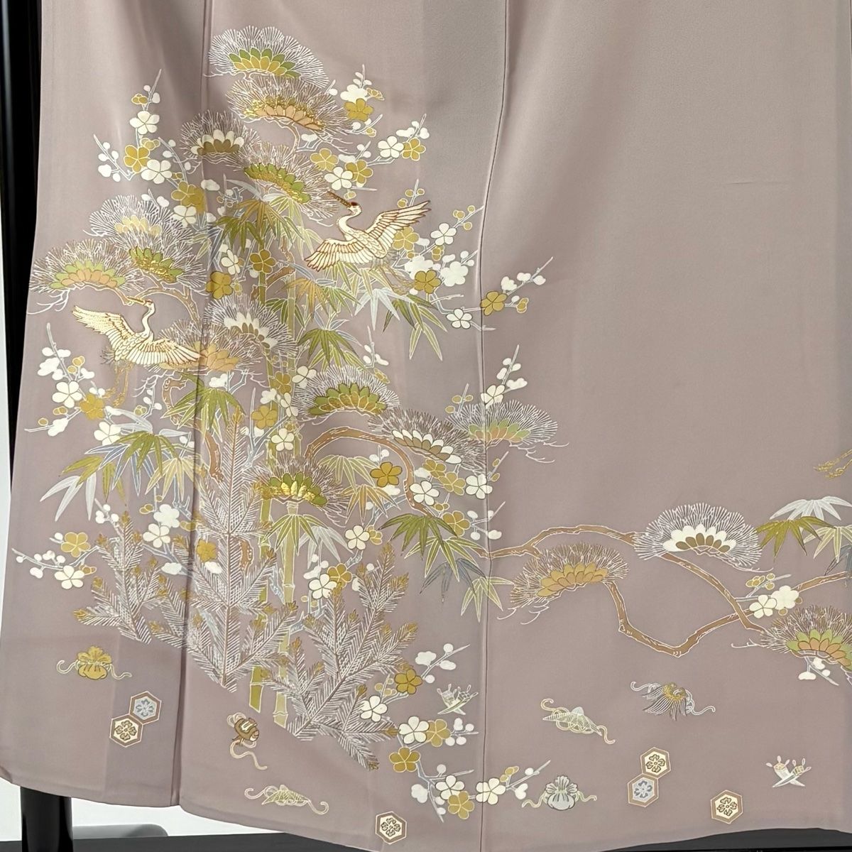 色留袖 身丈155.5 cm 裄丈65.5 M 単衣 千總 落款 松竹梅 鶴 箔 金彩 灰紫 正絹 三つ紋