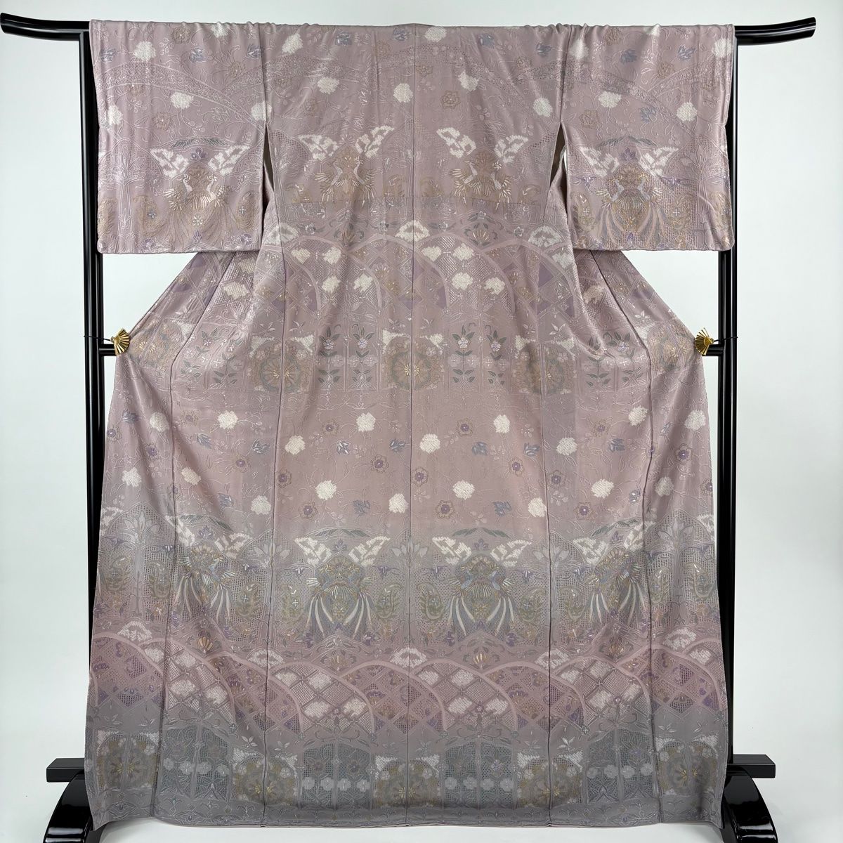 訪問着 身丈171 5 cm 裄丈67 M 袷 向かい鳥 草花 金糸 刺繍 灰紫 正絹