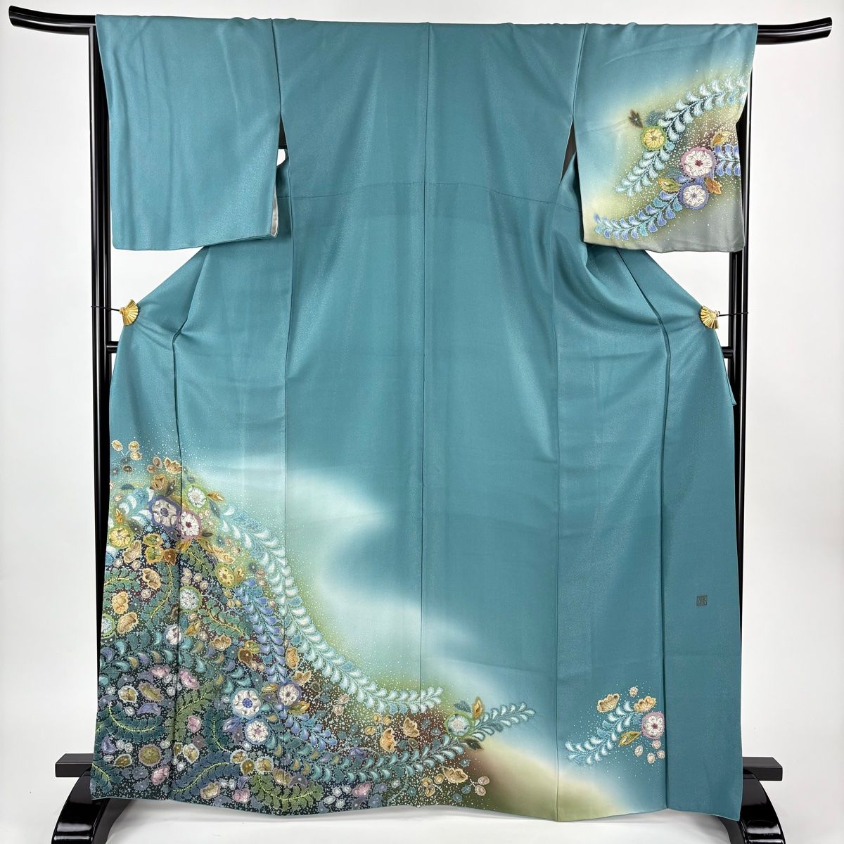 訪問着 身丈167 5 cm 裄丈68 L 袷 吉乃一廉 落款 辻が花 銀通し ぼかし 青緑 正絹