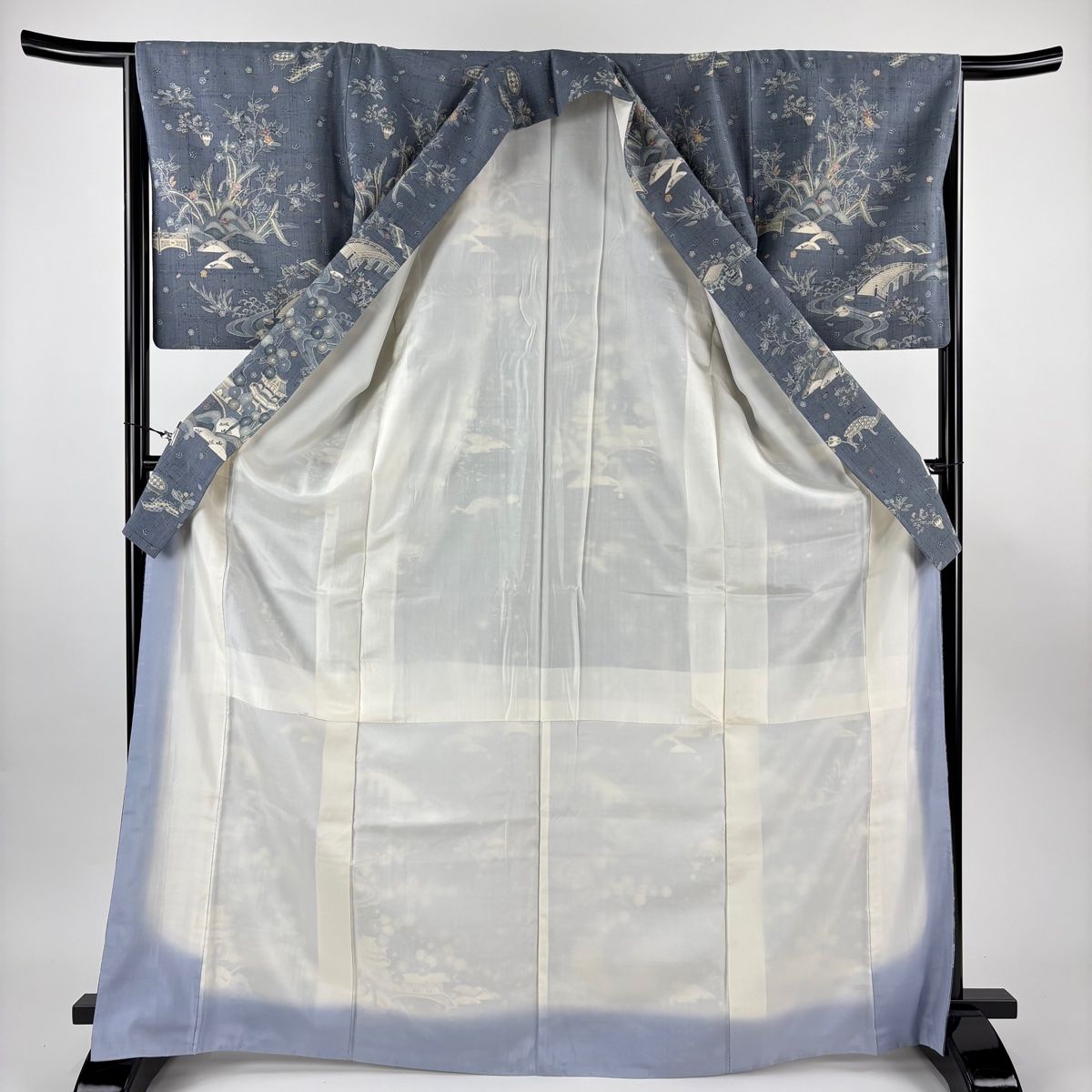  付下げ 身丈169 cm 裄丈66 5 M 袷 紬地 やまと 草花 橋 金彩 青灰色 正絹 訪問着 付け下げ 着物