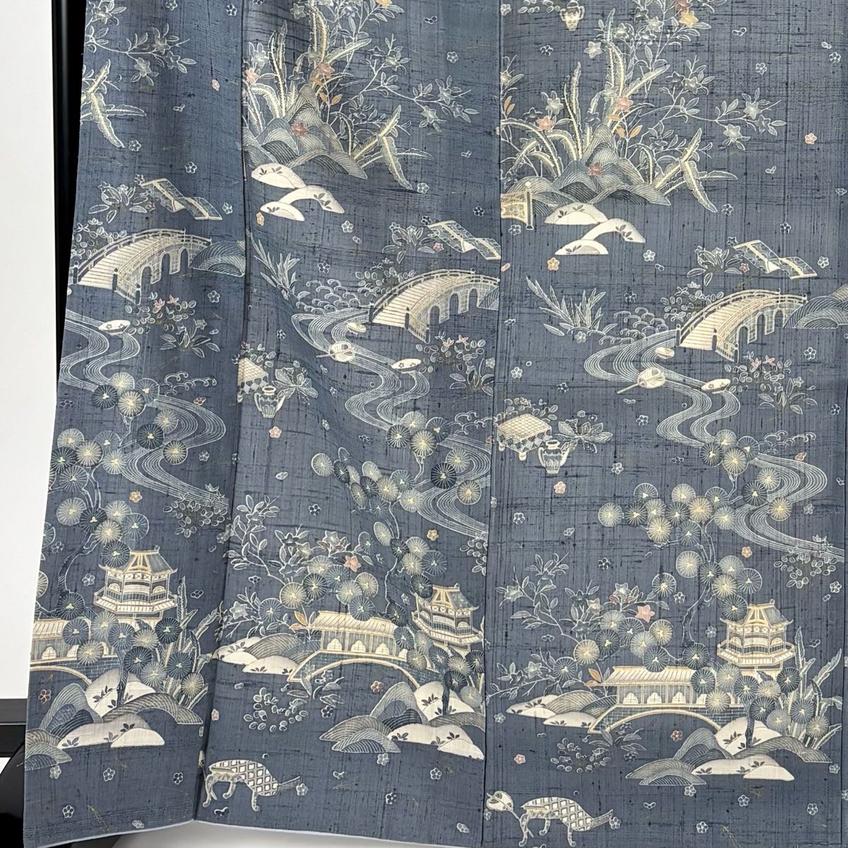 付下げ 身丈169 cm 裄丈66 5 M 袷 紬地 やまと 草花 橋 金彩 青灰色 正絹