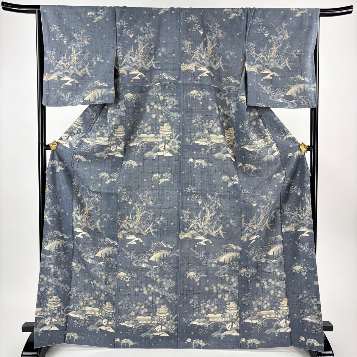 付下げ 身丈169 cm 裄丈66 5 M 袷 紬地 やまと 草花 橋 金彩 青灰色 正絹