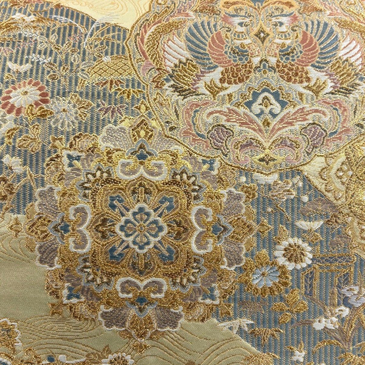 美品】 袋帯 秀品 向かい鳥 華文 金銀糸 箔 金色 六通 正絹 【中古